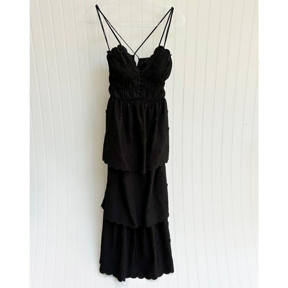 Self-Portrait Dress Floral Midi Lace Tiered Black Size 2 Spaghetti Strap Strappy